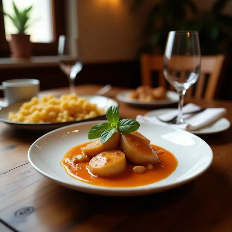 Plato hondo de barro con callos a la madrileña en olla rápida, guiso espeso con trozos de callos, chorizo, morcilla y garbanzos, servido sobre mesa de madera rústica con pan tostado al lado.