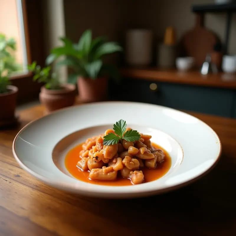 Olla de barro humeante con callos a la madrileña, trozos de callos, chorizo y morrilla en salsa espesa con garbanzos, rodeada de pan rústico y cebolla cruda picada.