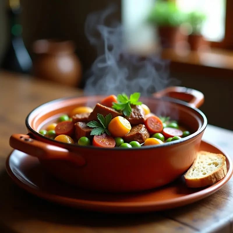 Plato hondo de barro con callos a la madrileña con chorizo y guisantes, servidos calientes con un fondo de guiso espeso y verduras. Trozos de callos tiernos, rodajas de chorizo y guisantes verdes brillantes, acompañado de pan rústico.