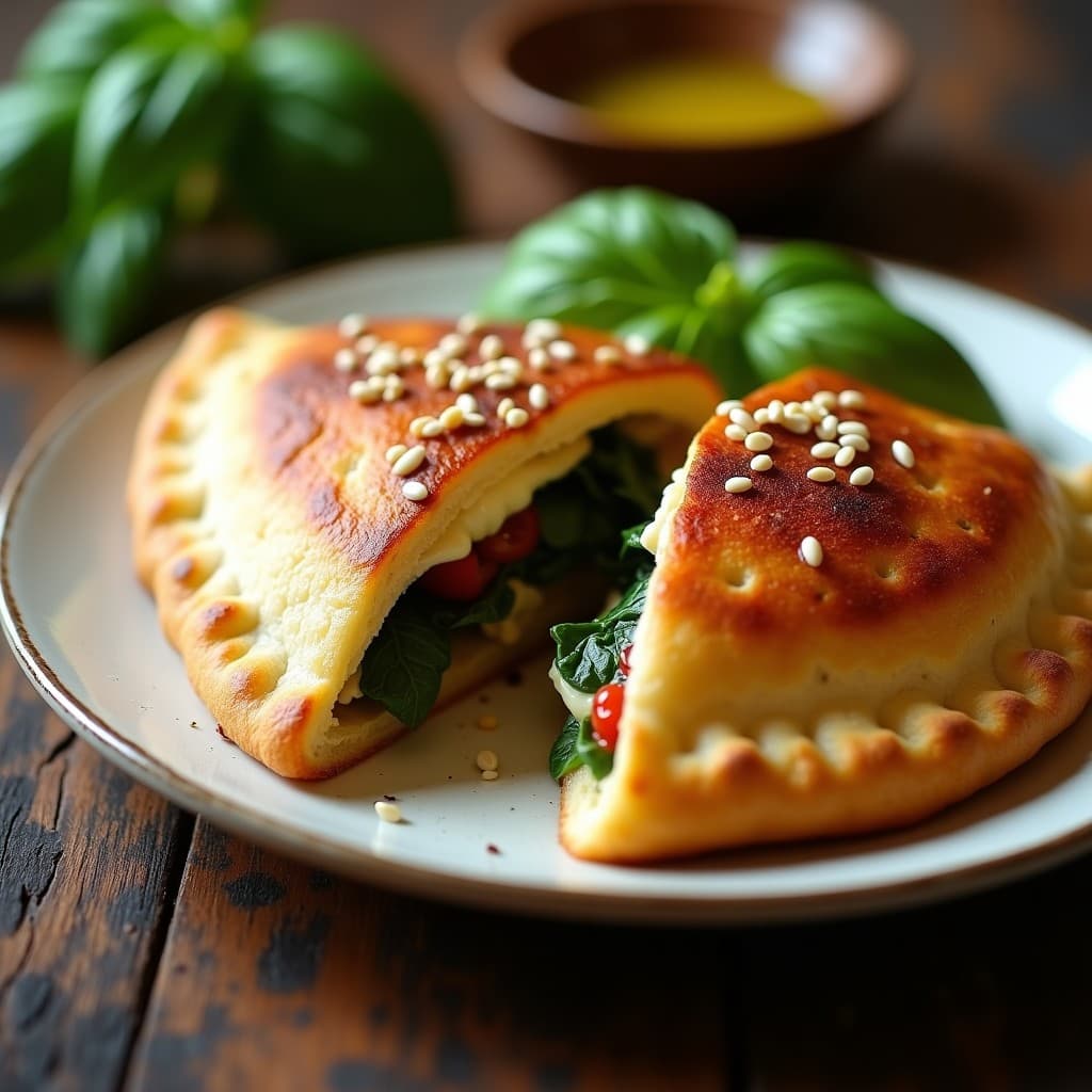 Calzone de berenjena y queso vegano en Airfryer, sin masa tradicional, dorado y crujiente por fuera con semillas de sésamo, relleno de espinacas y queso cremoso de anacardos, servido en plato blanco rústico con hierbas frescas.