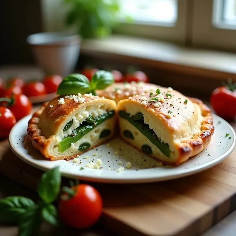 Calzone de espárragos y ricotta con masa integral dorada al horno, cortada por la mitad para mostrar el relleno cremoso de ricotta, espárragos trigueros, piñones y albahaca fresca, servida en plato de cerámica blanca sobre fondo rústico de madera.
