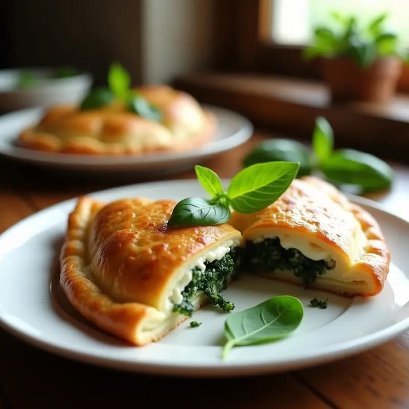 Calzone de espinaca y ricotta light baja en grasas, horneada hasta dorarse, con bordes bien sellados y decorada con hojas de albahaca fresca sobre un plato de cerámica blanca.