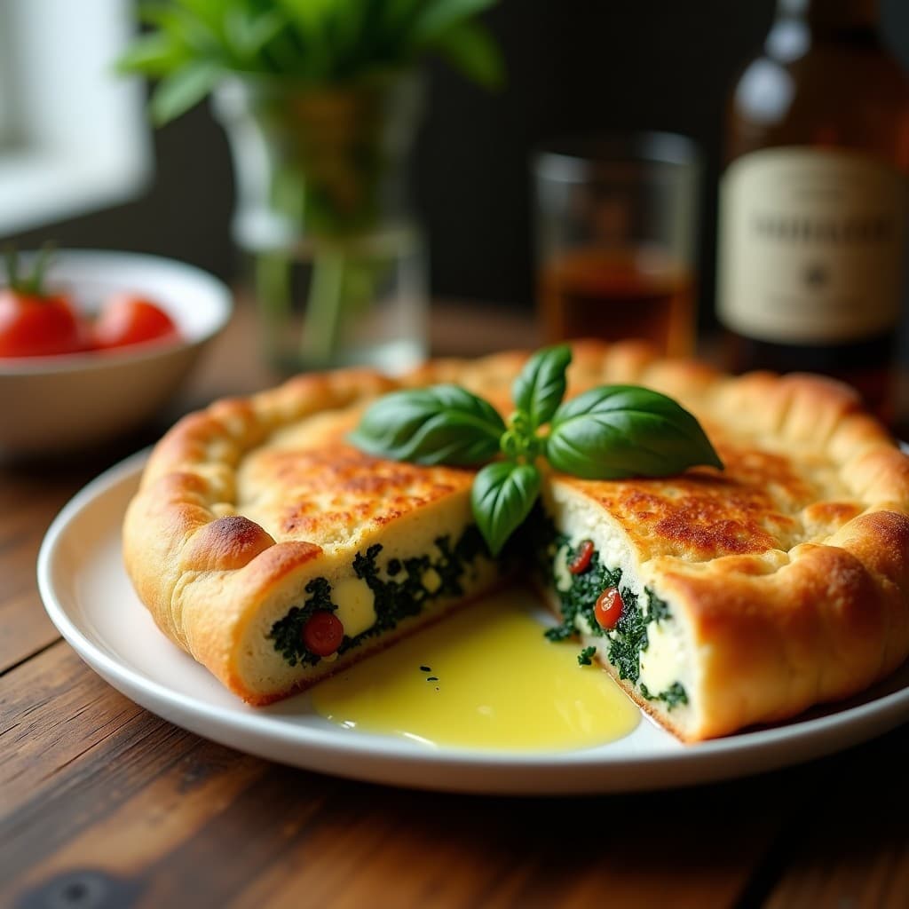 Calzone vegano dorado y crujiente en airfryer, relleno de espinacas y queso de almendras cremoso, servido sobre papel de horno con hierbas frescas.
