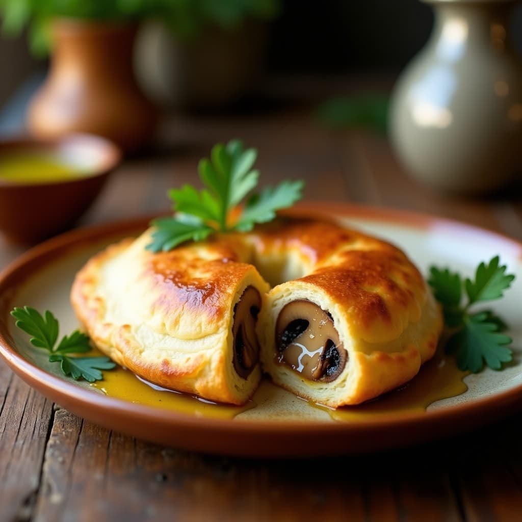 Calzone dorada y crujiente de masarepa rellena de queso de hevea derretido y champiñones portobello, servida en plato de cerámica con hierbas frescas y aceite de oliva, receta colombiana vegana.