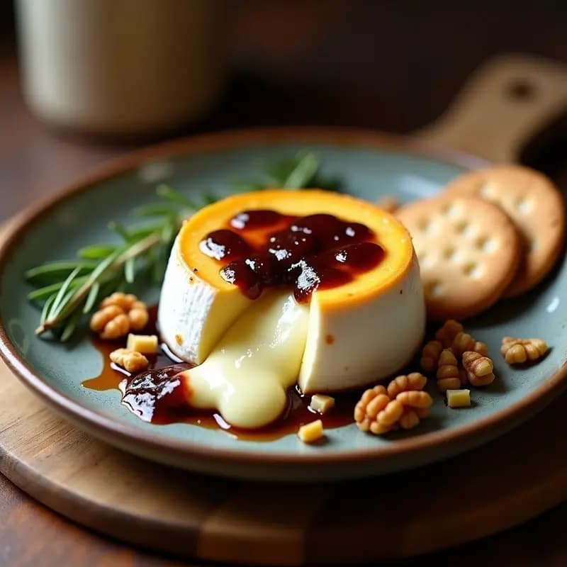 Camembert al horno fundido en su molde de cerámica, cubierto con mermelada de higos dorada y nueces tostadas, sobre una tabla de madera rústica con romero fresco y crackers keto al lado.