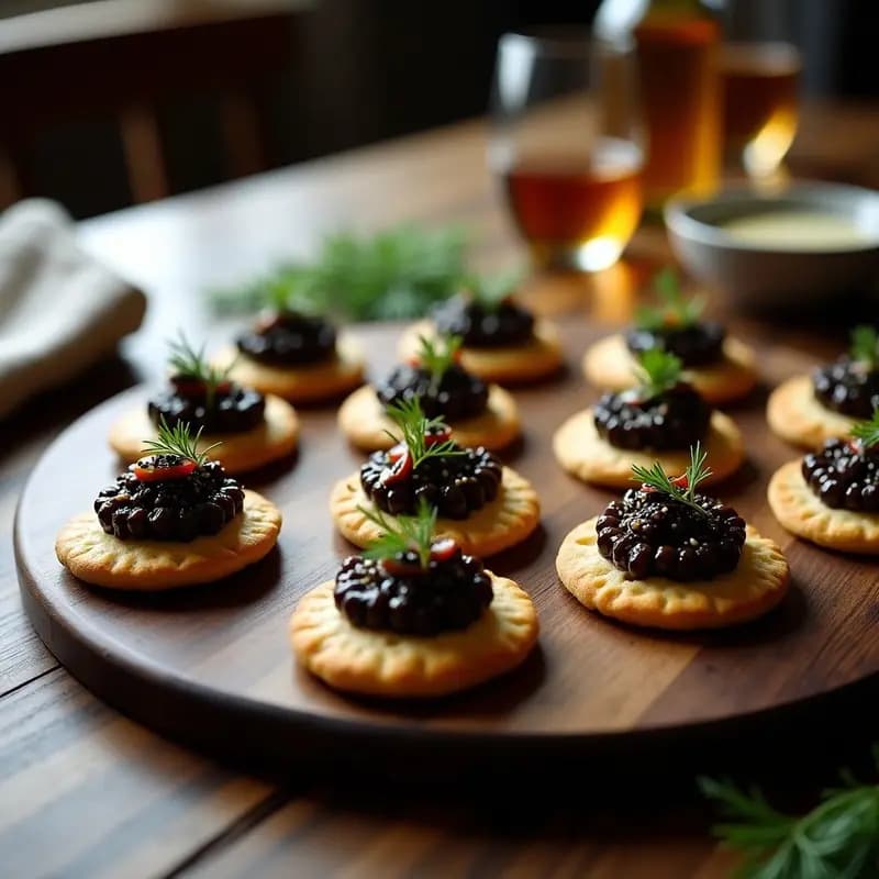 Bandeja de madera oscura con canapés de blini dorados y esponjosos, cubiertos de caviar de berenjena negro brillante, decorados con eneldo fresco y semillas de sésamo negro, con un hilo de aceite de trufa. Receta de canapés de blini con caviar de berenjena vegano y elegante.