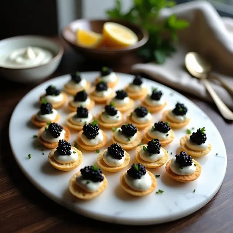 Bandeja de madera con canapés de blinis dorados, cubiertos con crema fraiche blanca y caviar negro brillante, decorados con cebollino picado y zest de limón, sobre papel de horno rústico.