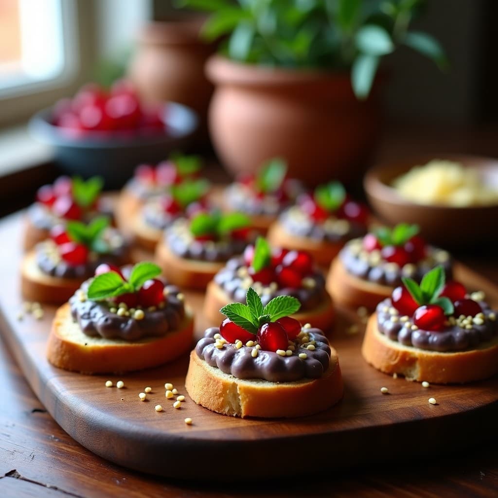 Canapés griegos de pan de centeno tostado con crema de berenjena ahumada, decorados con granos de granada rojos, hojas de menta fresca y semillas de sésamo doradas, servidos en una bandeja de madera rústica.