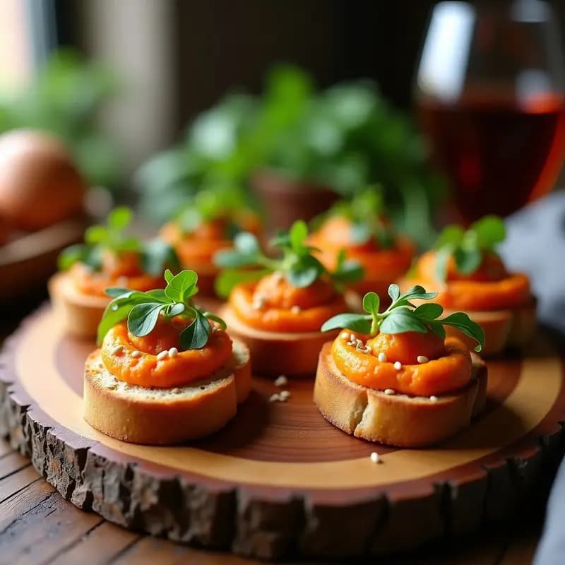 Canapés de pan de centeno tostado con una capa cremosa de hummus de lentejas rojas, decorados con hojas de rúcula fresca y semillas de sésamo tostadas, servidos en una bandeja de madera rústica con un hilo de aceite de oliva virgen extra.