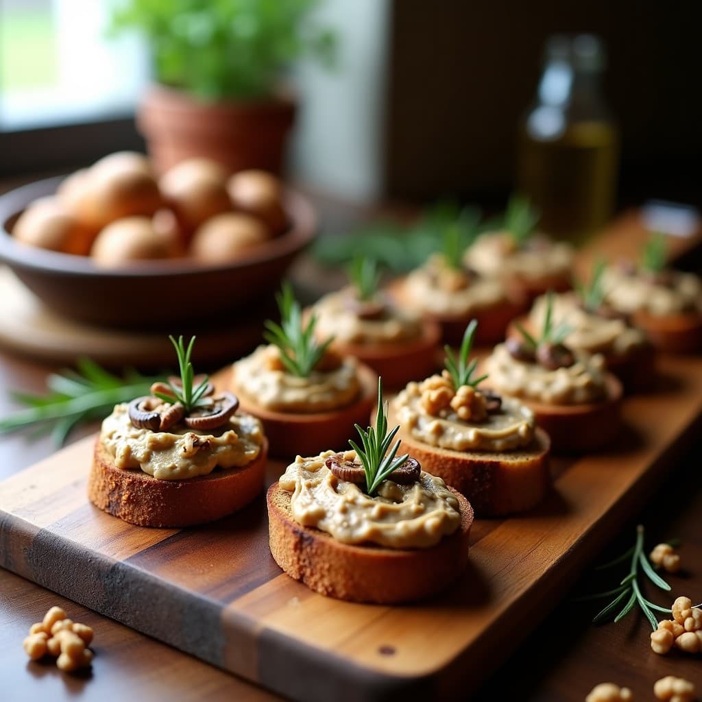Canapés de pan de centeno sin gluten tostado con paté cremoso de hongos portobello y romero fresco, decorados con nueces picadas y hojas de romero sobre una bandeja de madera rústica. Entrante alemán elegante y sin gluten.