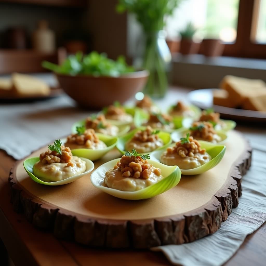 Canapés de endibia con brandada de alcachofa y nueces: hojas de endibia blancas y alargadas rellenas de una crema suave de color beige, coronadas con nueces picadas y perejil fresco. Presentación elegante en bandeja de madera con fondo borroso.