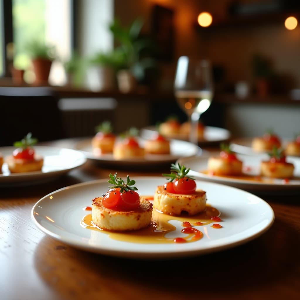 Bandeja de plata con canapés de endibia belga rellenos de caviar de berenjena cremoso, decorados con cebollino fresco, nueces picadas y hojas de rúcula, sobre fondo oscuro elegante.