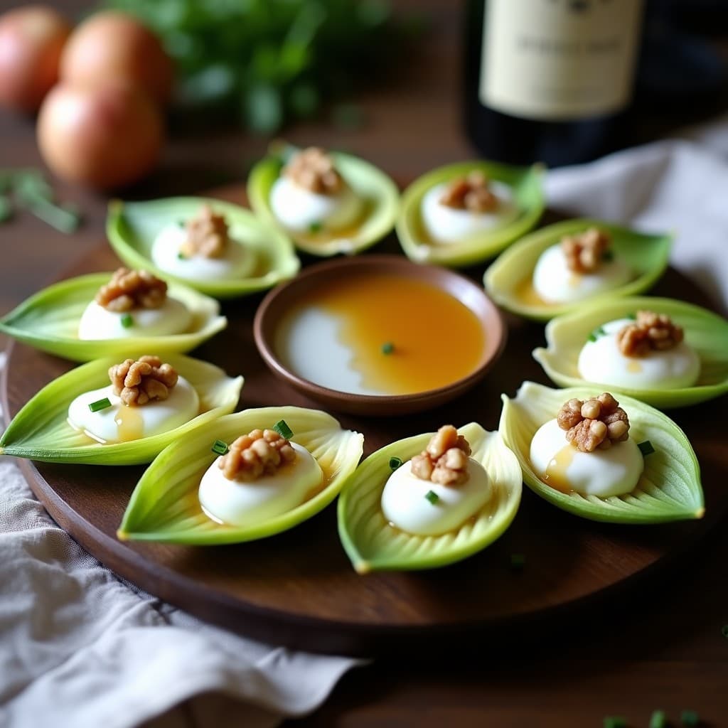 Canapés elegantes de hojas de endibia rellenas de crema suave de queso azul, coronados con miel de castaño brillante, nueces tostadas picadas y cebollino fresco, sobre fondo rústico de madera oscura con detalles de luz natural.
