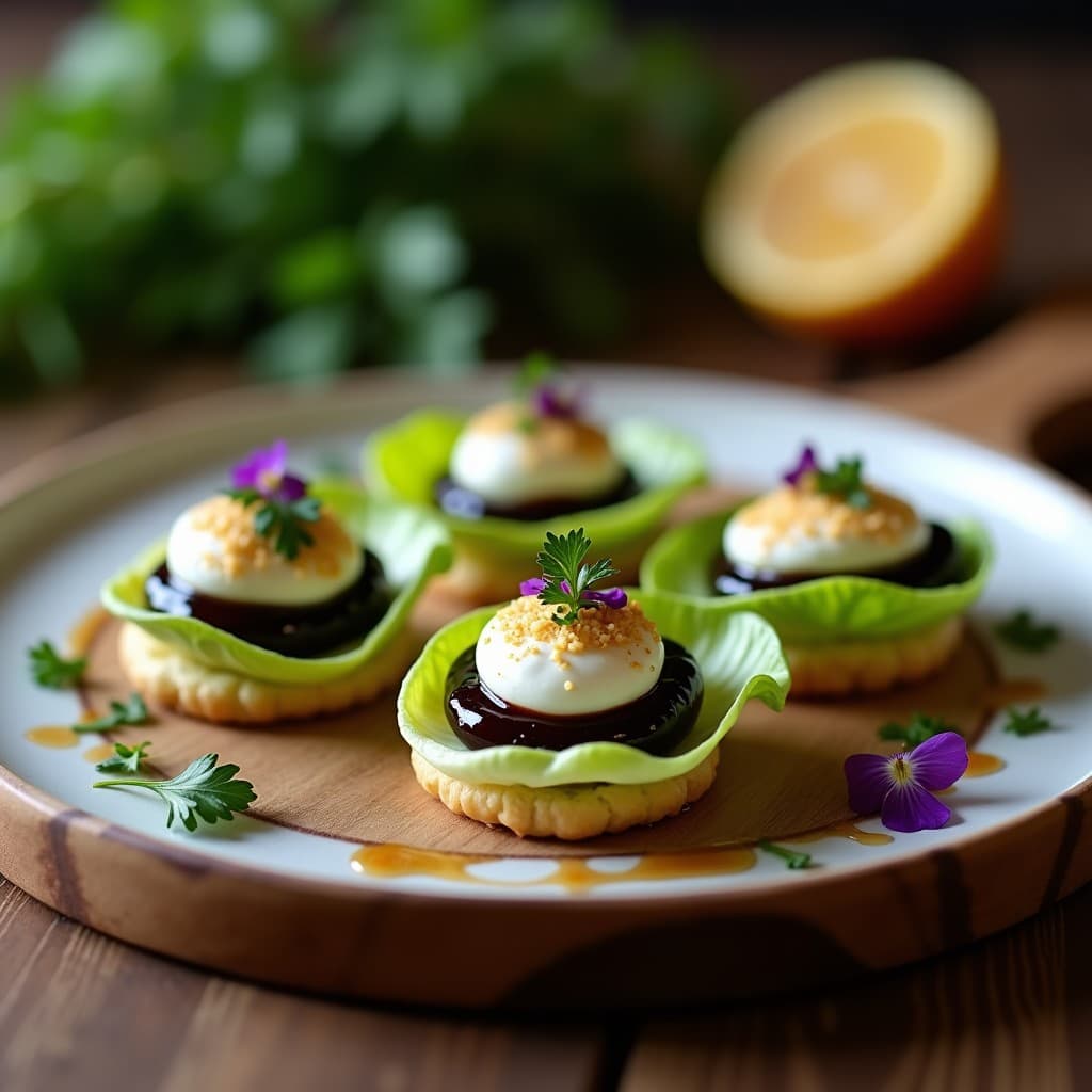 Canapés de endibia con queso de cabra cremoso y mermelada de cebolla negra brillante, servidos en bandeja de madera con decoración de perejil fresco.