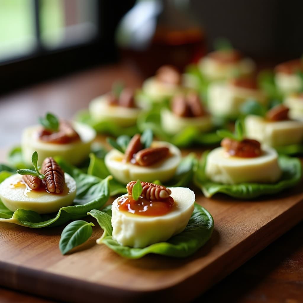 Bandeja de madera con canapés de endivia belga rellenos de queso de cabra semiduro, mermelada de higos, nueces pecanas tostadas y pimienta rosa, decorados con rúcula baby y un hilo de miel de romero.