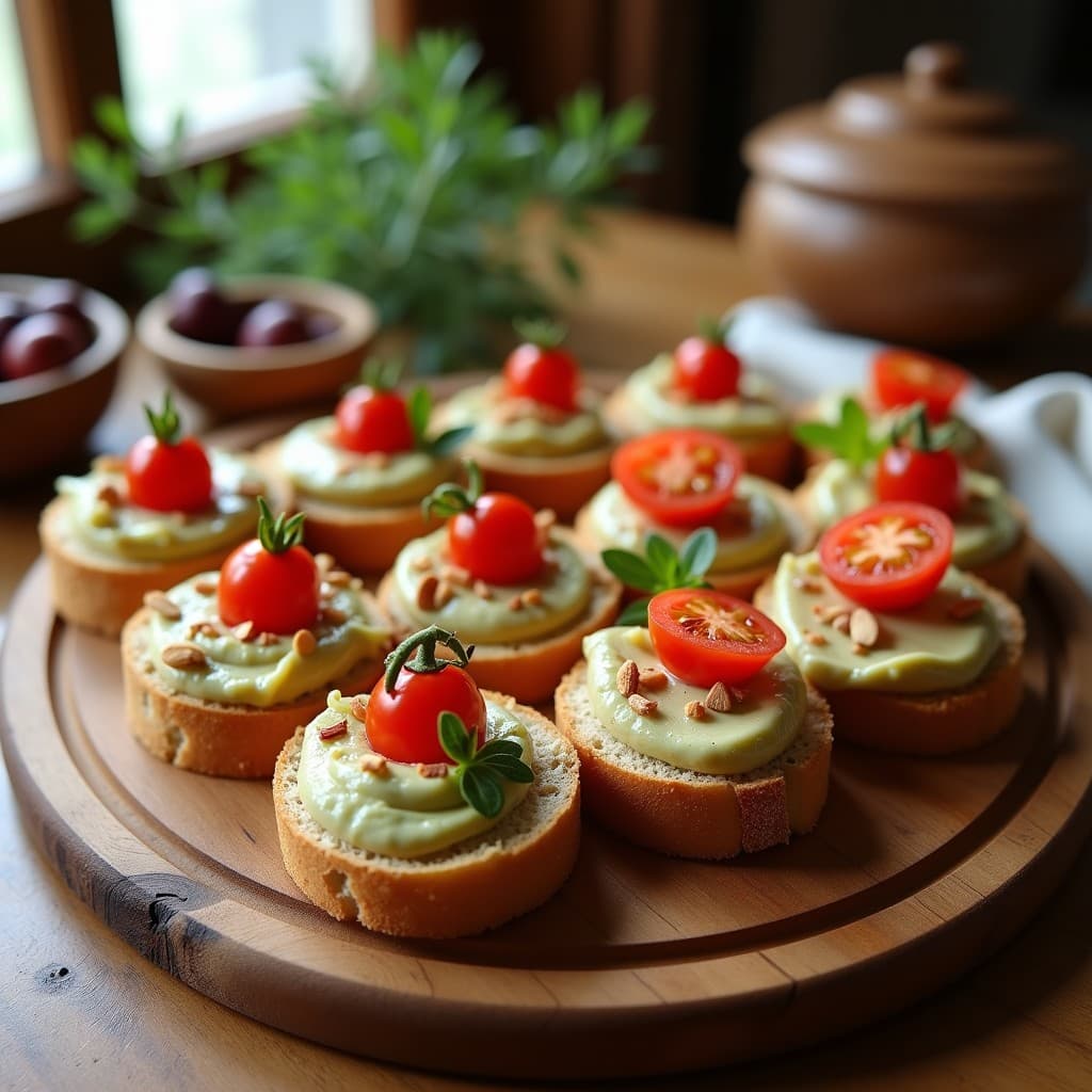 Canapés de pan de trigo espelta tostado con paté cremoso de alcachofa y aceitunas kalamata, decorados con tomate cherry y hierbas provenzales. Aperitivo griego rápido, vegano y sin gluten, servido en bandeja de madera.