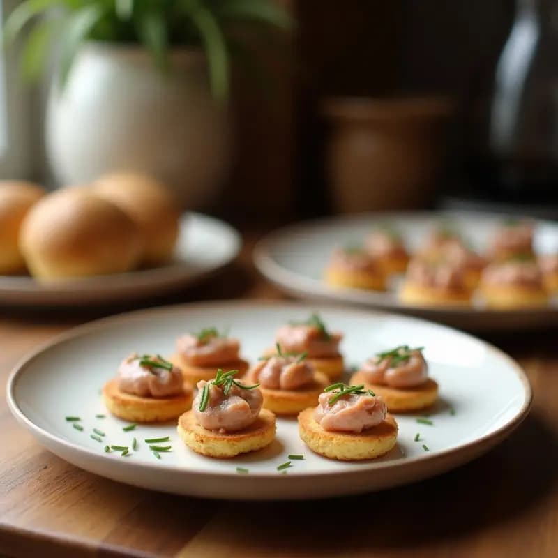 Bandeja de madera con 12 canapés franceses: rodajas doradas de baguette tostada con paté de hígado cremoso y cebollino picado, decorados con mermelada de arándanos y almendras fileteadas, sobre fondo blanco con hierbas frescas.