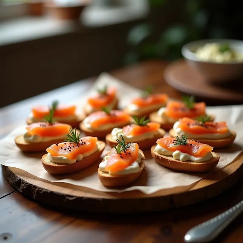 Bandeja de madera con canapés franceses de salmón y queso crema, presentados sobre rodajas doradas de baguette con ajo, cubiertos de láminas de salmón ahumado, semillas de sésamo negro y decorados con eneldo fresco. Aperitivo elegante y sofisticado.
