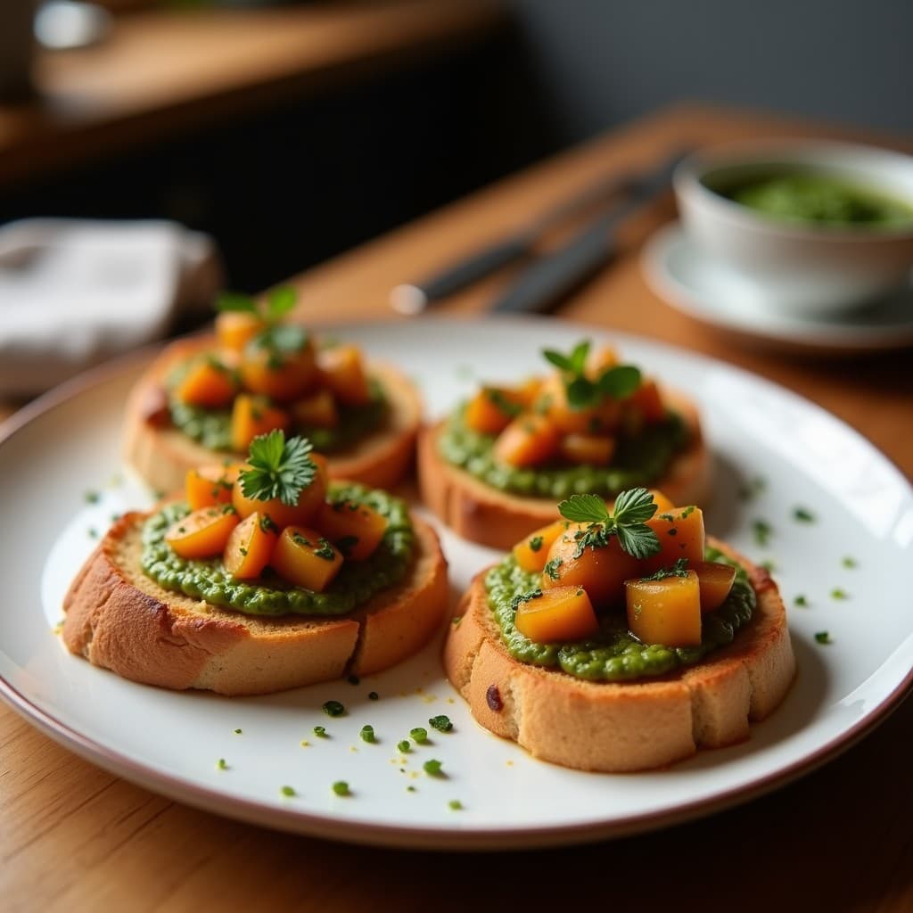 Canapés de pan de molde integral tostado con rodajas de berenjena asada dorada, pesto cremoso de tomate seco y almendras, decorados con hojas de albahaca fresca. Receta vegana de aperitivo saludable.