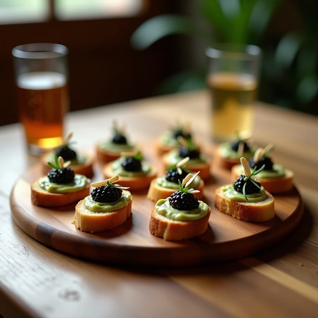 Canapés elegantes de pan de algodas dorado con paté de calabacín ahumado cremoso y caviar de berenjena oscuro, decorados con almendras fileteadas y cebollino fresco sobre una tabla de madera rústica.