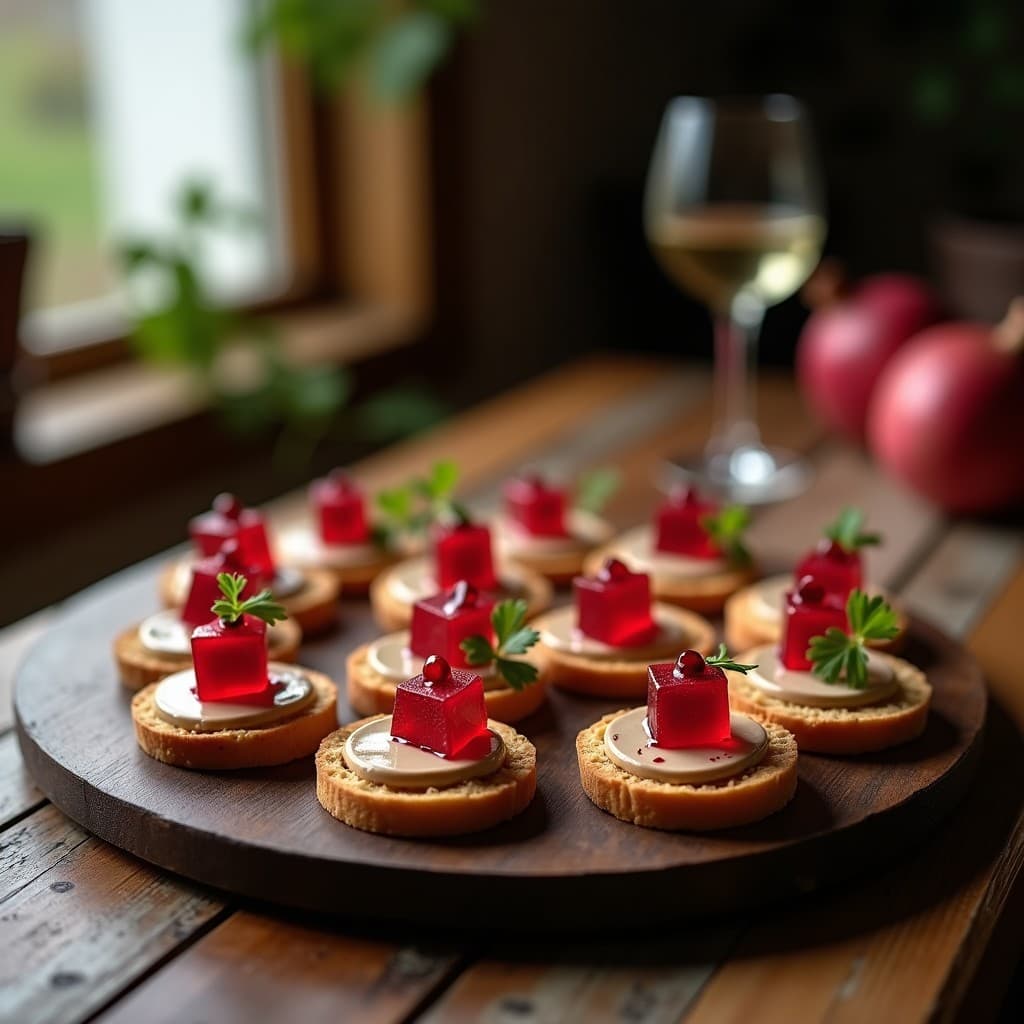 Canapés de Pan de Almendra con Pate de Higado de Pollo y Gelée de Granada: Receta Francesa Gourmet