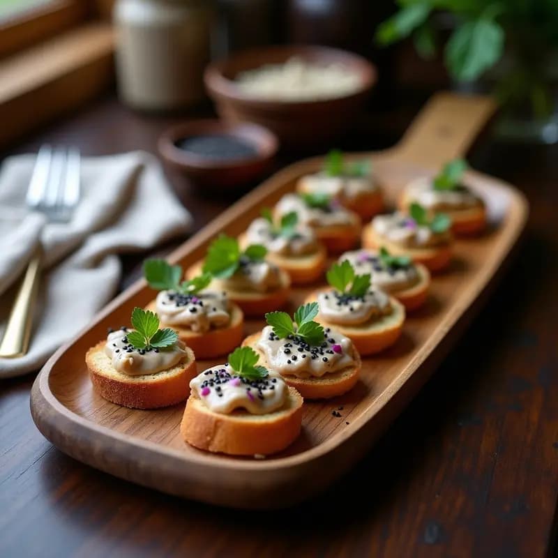 Bandeja de madera con canapés de pan de castaña tostado, untados con paté cremoso de hongos shiitake y trufa, decorados con perejil fresco y semillas de sésamo negro, sobre fondo rústico.