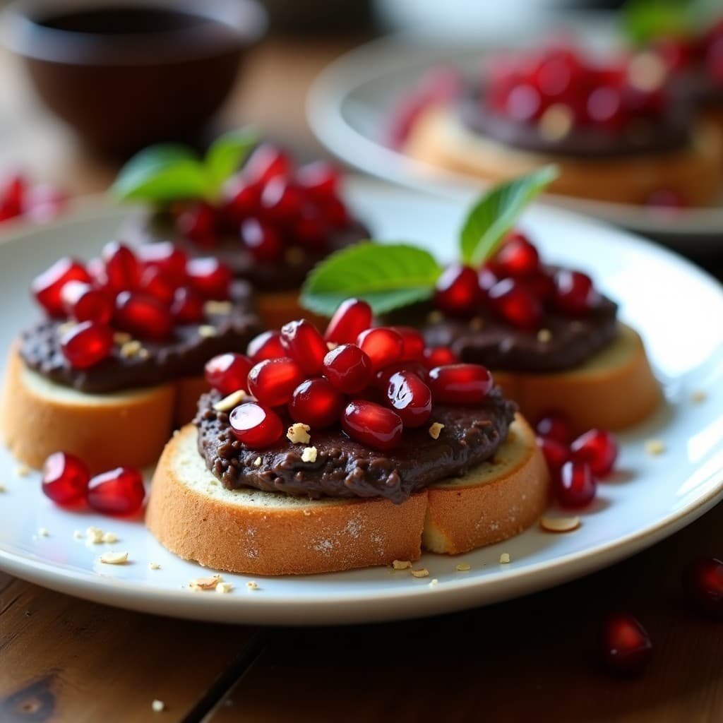 Canapés elegantes de pan de castaña tostado con paté de berenjena ahumada cremosa, granos de granada rojos vibrantes y hojas de albahaca fresca sobre una bandeja de madera rústica. Entrante francés sin gluten.