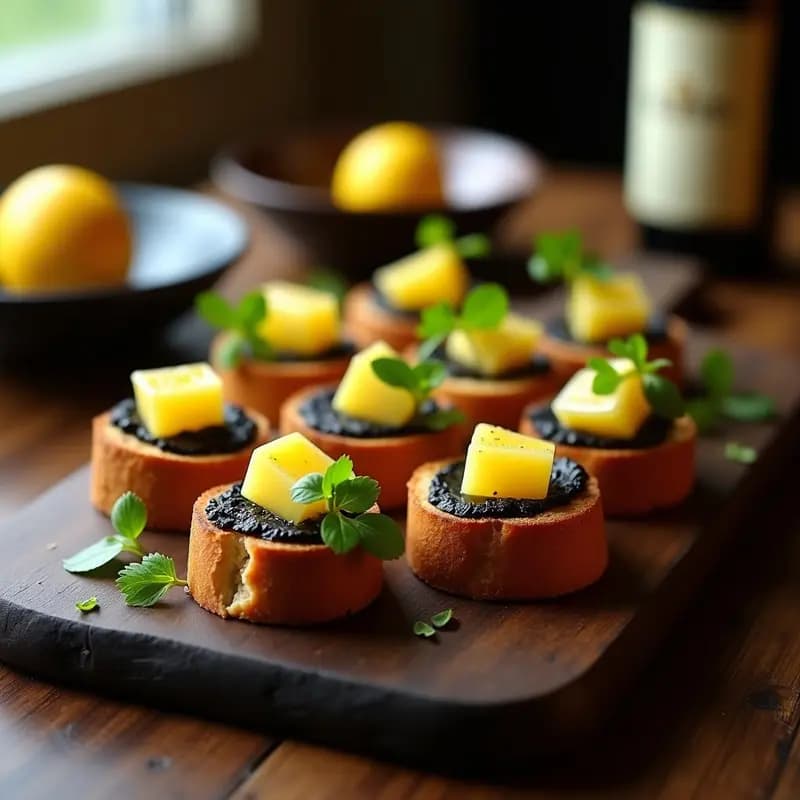 Canapés de pan de centeno tostado con capas de pâté de aceitunas negras y cubos dorados de gelée de limón, decorados con perejil fresco sobre una bandeja de madera oscura, aperitivo francés innovador y fotogénico.
