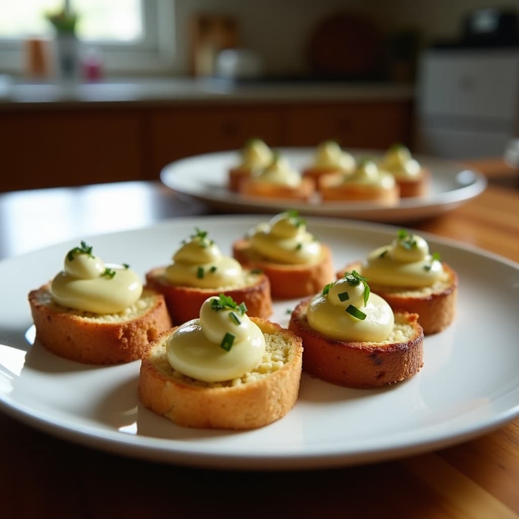 Canapés elegantes de pan de espelta tostado con queso de cabra desmenuzado, láminas de higo negro brillante, nueces picadas, rúcula fresca y un hilo dorado de miel de tomillo, servidos en una bandeja de madera rústica sobre fondo oscuro.
