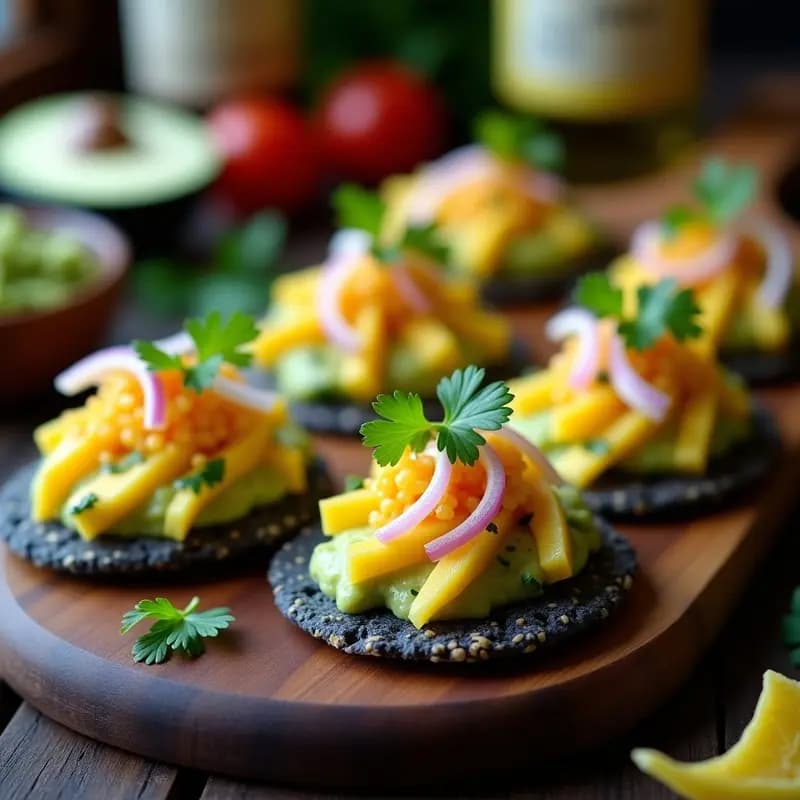 Canapés de Pan de Maíz Azul con Guacamole de Mango y Virutas de Queso Manchego: Aperitivo Mexicano-Español