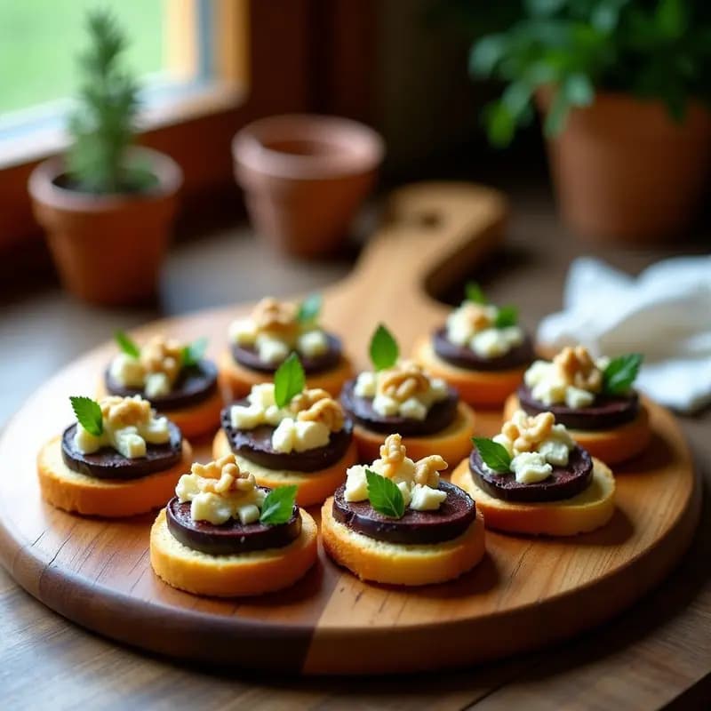Canapés de pan de maíz dorado con paté de berenjena ahumada cremoso, láminas de honiki, nueces picadas y perejil fresco, receta chipriota en 10 minutos sobre tabla de madera rústica.