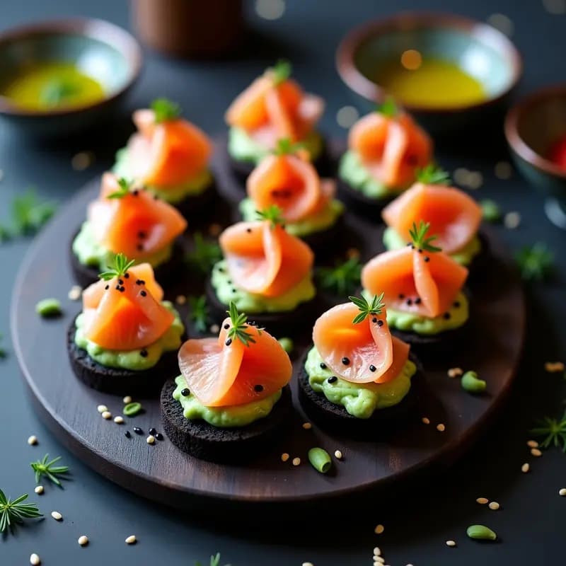 Bandeja de pizarra negra con canapés redondos de pan de molde negro, crema de queso wasabi, salmón ahumado en abanico, semillas de sésamo y cebollino. Entrante japonés moderno y fotogénico.