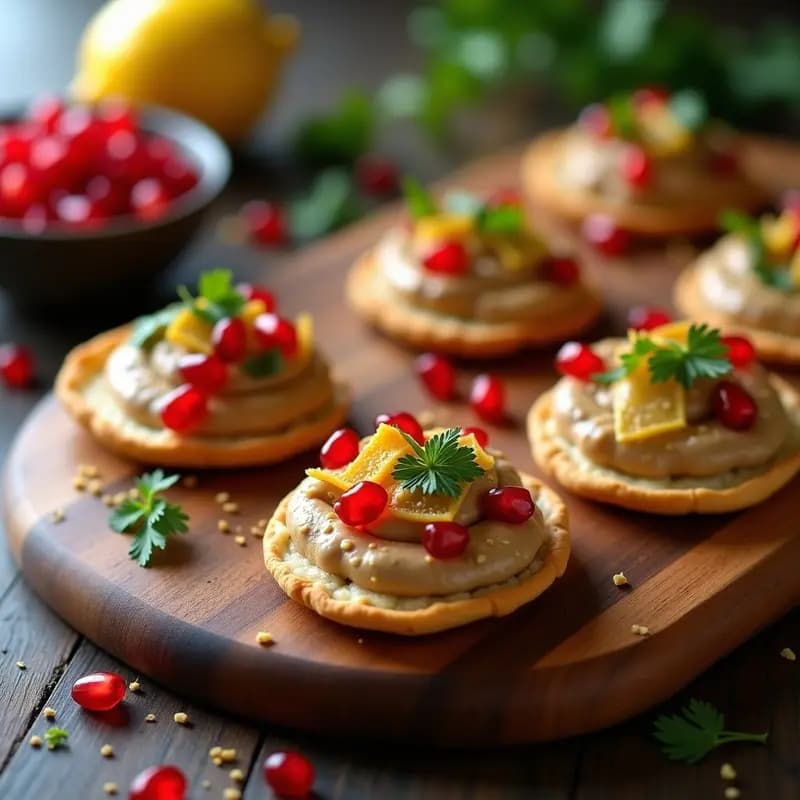 Canapés de pan de pita tostado con crema de babaganoush suave y semillas de granada rojas brillantes, decorados con perejil fresco y sésamo tostado sobre una bandeja de madera rústica, entrante árabe elegante.