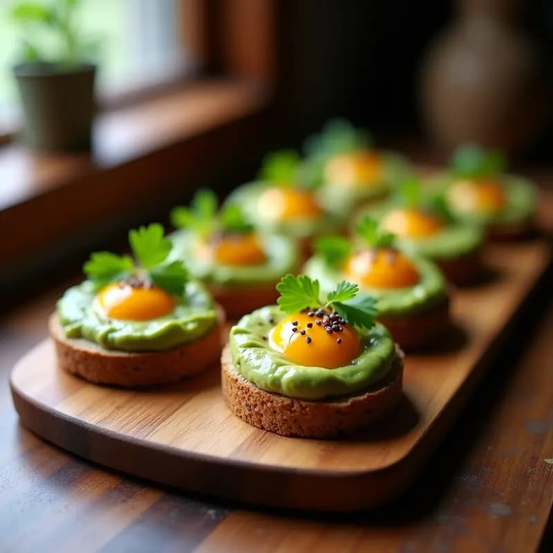 Canapés de Pan de Semillas con Puré de Aguacate y Huevo de Codorniz: Receta Gourmet en 10 Minutos