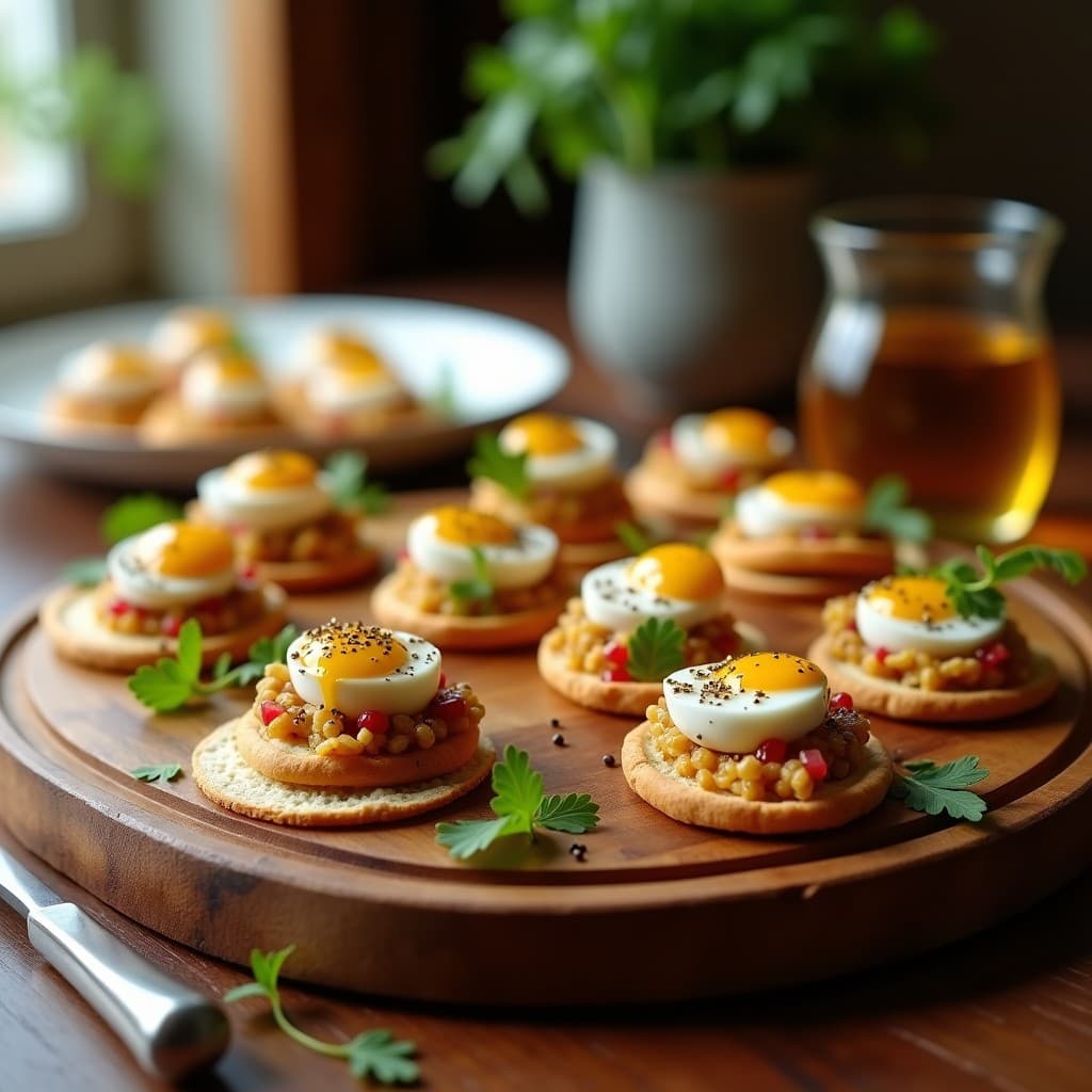 Canapés de pan de pita tostado con crema de babaganush libanés, huevo de codorniz escalfado, granada y perejil, sobre tabla de madera rústica.