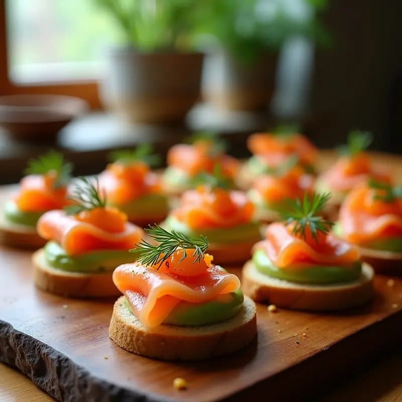 Canapés de pan de centeno con crema de aguacate verde brillante, láminas de salmón fresco rosa y decoración de semillas de sésamo negro y pimienta rosa, tapa española alta en Omega 3 sobre tabla de madera rústica.
