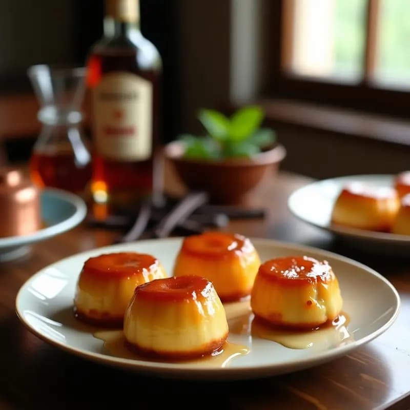 Caneles de vainilla y ron sin horno, dorados y brillantes, servidos en molde de silicón sobre mesa rústica de madera con fondo borroso de cocina francesa tradicional.