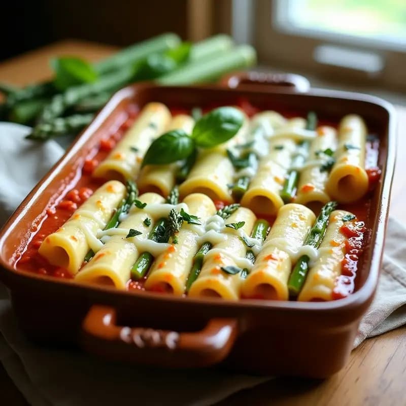Fuente de horno rectangular con canelloni de espárragos y ricotta gratinados, dorados por encima con queso fundido, acompañados de espárragos frescos y hierbas aromáticas. Receta italiana sin carne.