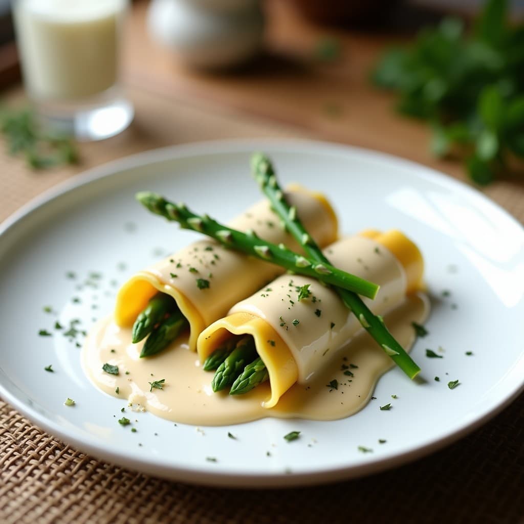 Plato hondo de porcelana blanca con canelón vegano de láminas doradas relleno de espárragos trigueros verdes, cubierto por una bechamel cremosa de anacardos. Decorado con espárragos enteros y hierbas provenzales. Receta sin horno en Thermomix.
