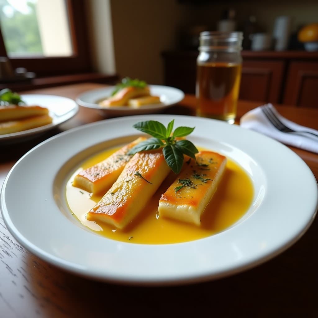 Fuente de barro con canelones de berenjena y berros al horno, cubiertos de bechamel de anacardos cremosa y almendras fileteadas doradas, decorados con hojas de berros frescos. Receta vegana y sin lácteos.