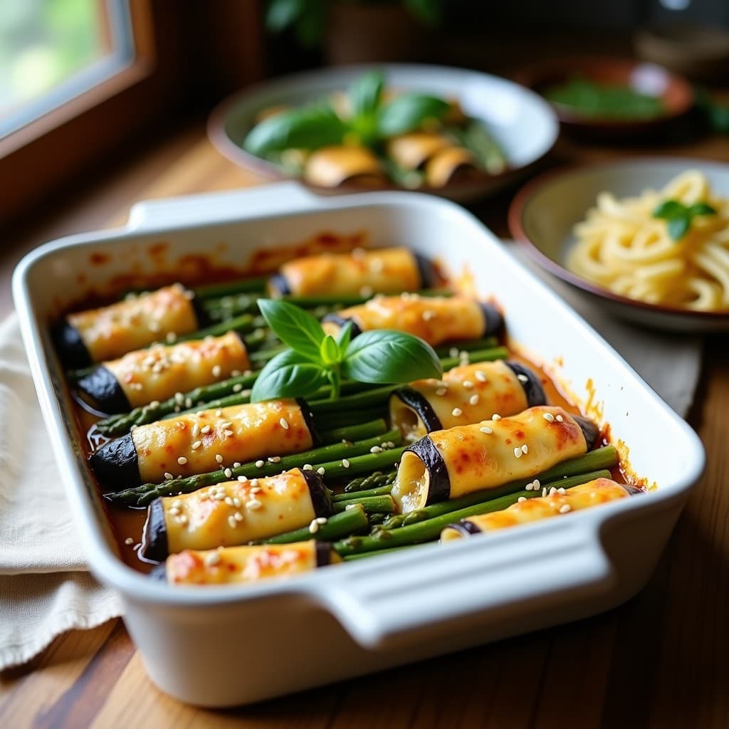 Canelones keto sin pasta elaborados con láminas de berenjena asada rellenas de espárragos verdes y queso cremoso de anacardos, horneados y decorados con albahaca fresca y aceite de oliva virgen extra, servidos en una fuente de cerámica blanca sobre un mantel rústico.