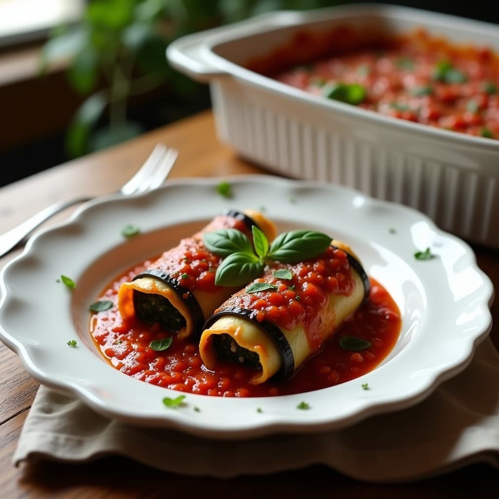 Fuente de horno blanca con canelones de berenjena rellenos de espinaca y queso de castaña vegano, bañados en salsa de tomate casera y decorados con hojas de albahaca fresca, listos para servir.