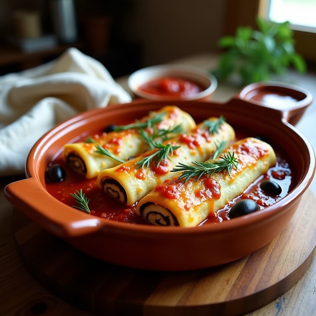 Fuente de horno con canelones de berenjena rellenos de espinacas y queso vegano, bañados en salsa de tomate con orégano, dorados al horno y decorados con hojas de albahaca fresca. Receta griega sin pasta.