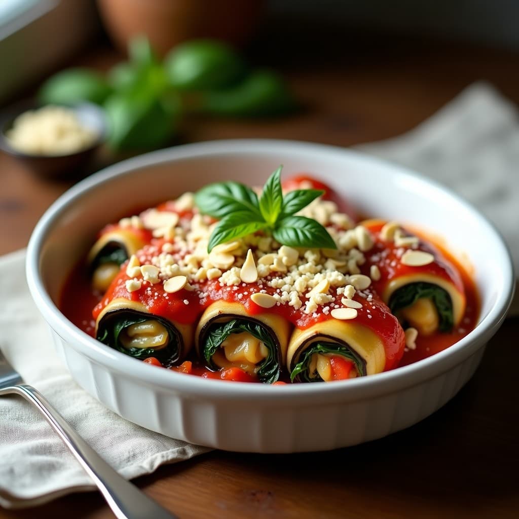 Fuente de horno blanca con canelones de berenjena y espinacas sin pasta, cubiertos de salsa de tomate y almendras fileteadas doradas, servidos sobre un mantel rústico. Receta sin gluten y alta en proteína.