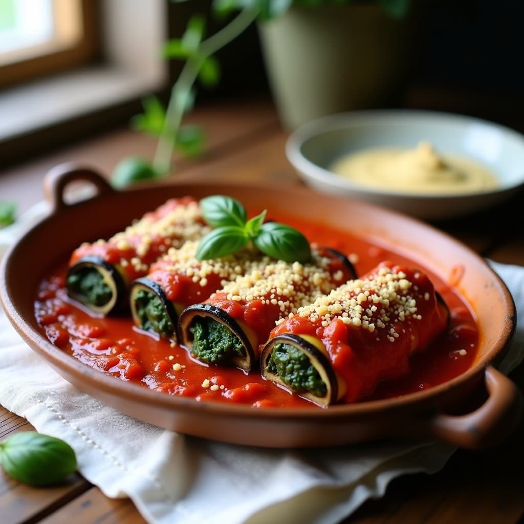 Plato de canelones de berenjena rellenos de espinacas y tofu en Thermomix, gratinados con salsa de tomate casera y queso vegano de anacardos, servidos en fuente de barro con albahaca fresca.