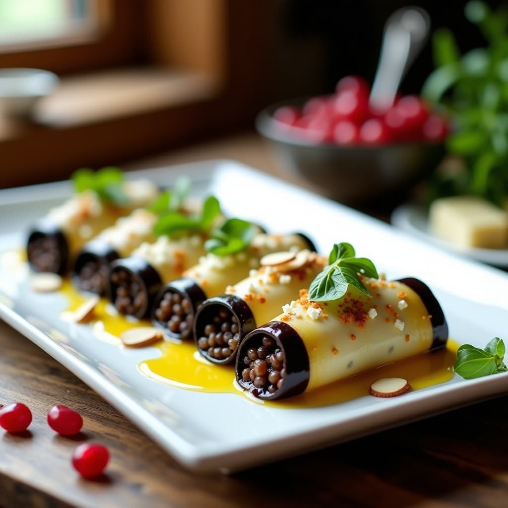 Plato blanco rectangular con canelones de berenjena rellenos de lentejas beluga y queso de cabra, decorados con almendras fileteadas y aceite de oliva. Presentación elegante y colorida, ideal para receta sin horno.