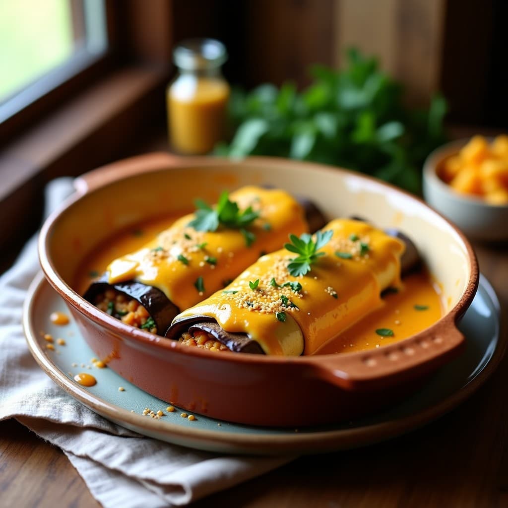 Fuente de horno blanca con canelones de berenjena rellenos de lentillas corail y espinacas, gratinados con levadura nutricional, sobre un paño de lino rústico con hojas de albahaca fresca.