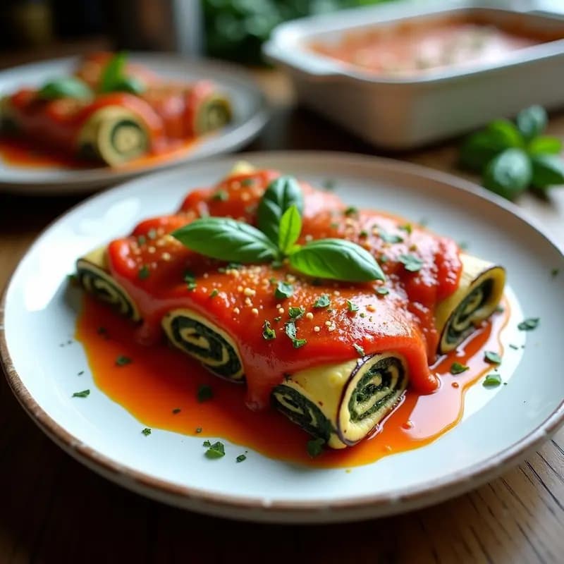 Fuente de cerámica blanca con canelones de berenjena rellenos de tofu y espinacas, cubiertos de salsa de tomate casera y albahaca fresca. Plato vegano sin pasta, con textura cremosa y colores vibrantes.