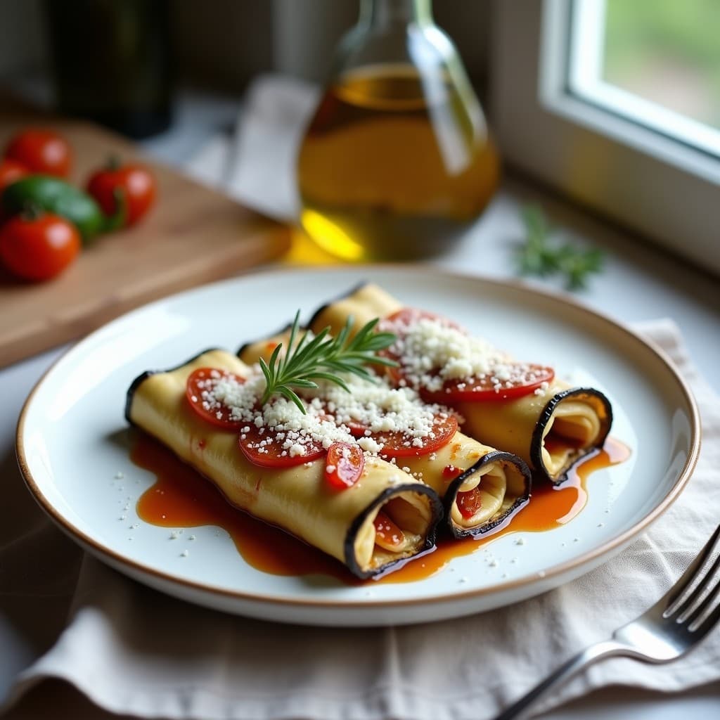 Plato de porcelana blanca con canelones de berenjena rellenos de tome de cabra y tomates secos, gratinados al horno, decorados con hierbas frescas y un hilo de vinagre balsámico, sobre un mantel rústico de lino.