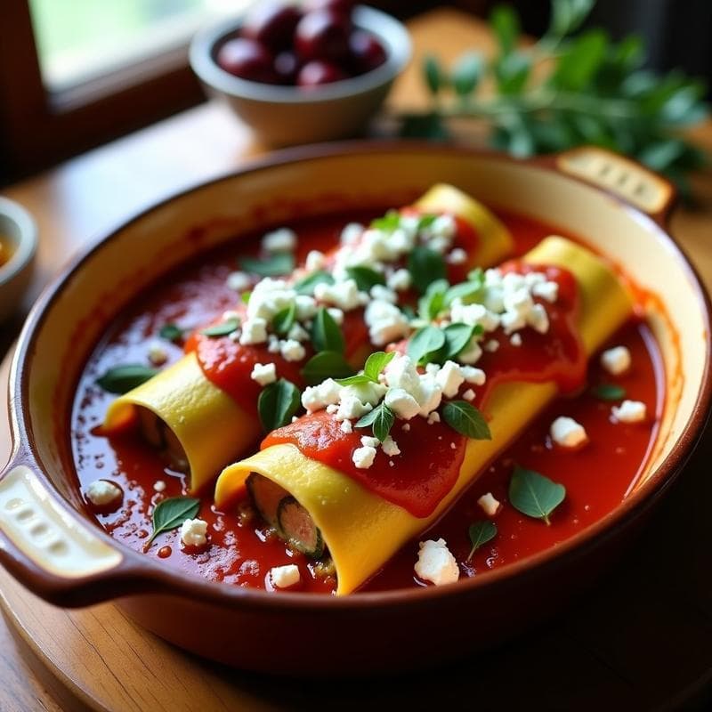 Fuente de horno con canelones de calabacín rellenos de atún y aceitunas kalamata, gratinados al horno, con salsa de tomate y queso feta desmenuzado. Receta griega baja en carbohidratos.